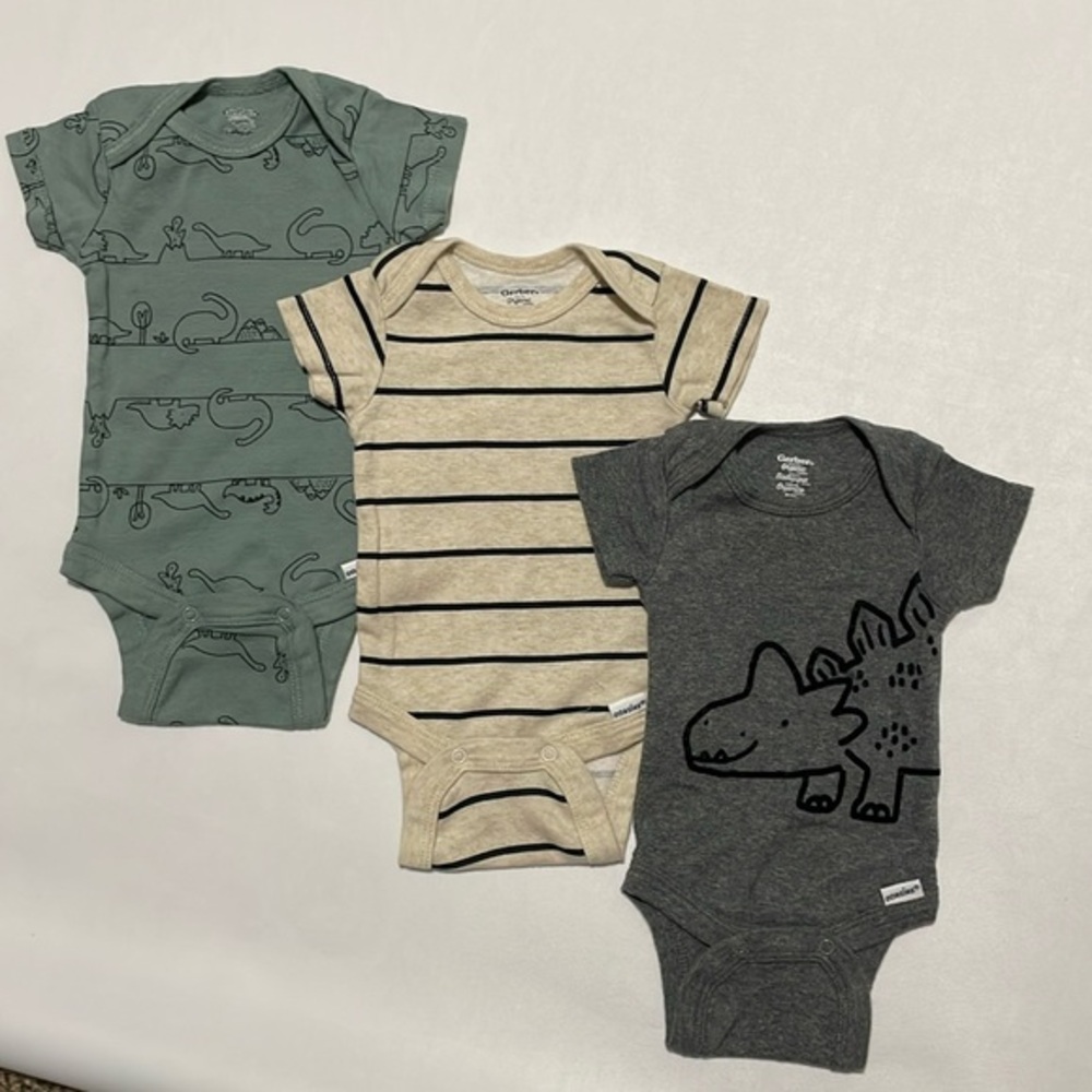 Set of 3 Gerber Organic Onesies Baby Size 0-3 Months Dinosaur Striped Jumpers